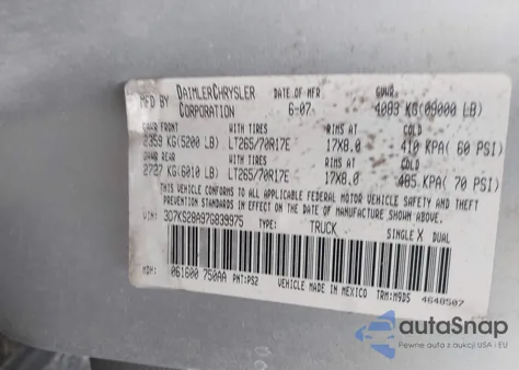 2007 Dodge Ram 2500 Slt/Sport z USA, uszkodzony, nr VIN 3D7KS28A97G839975